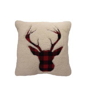 St. Nicholas Square Sherpa Red Black Buffalo Plaid Deer Throw Pillow Ivory $36